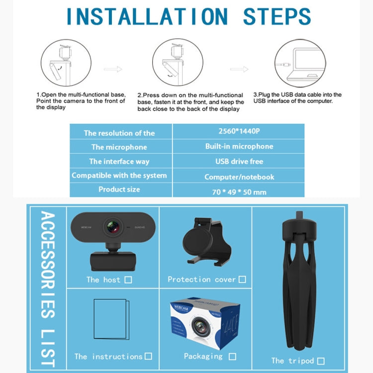 B1 Webcam rotative à 360 degrés, 4 millions de pixels, résolution 2K HD 1080P, avec micro et trépied