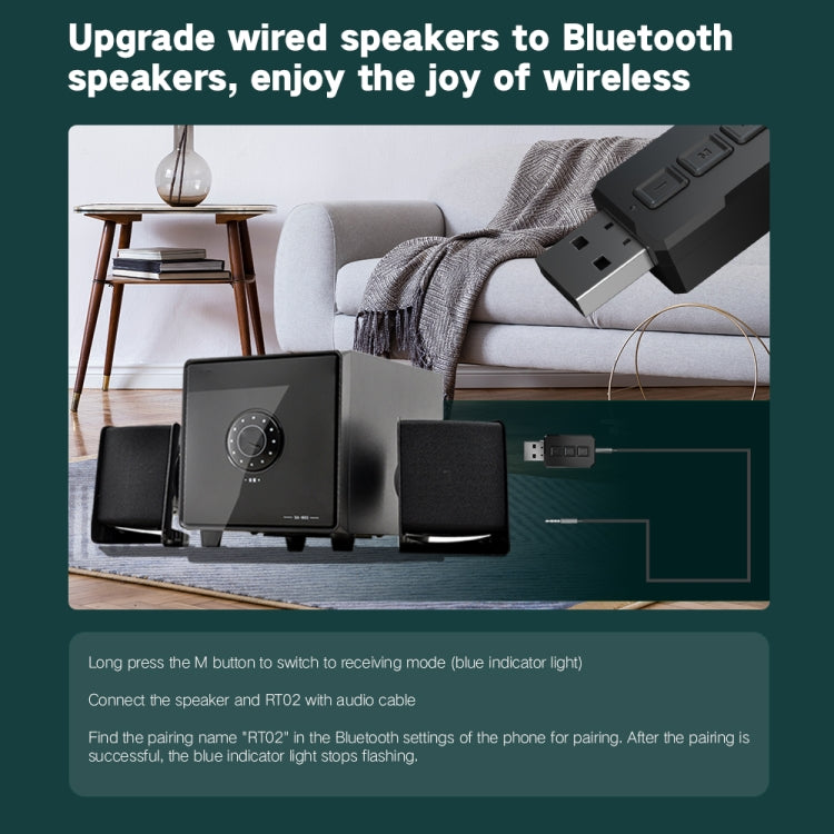 Adaptateur audio Bluetooth USB RT02 Transmet et reçoit 2-en-1 Bluetooth 5.0 Kit mains libres Récepteur Bluetooth de voiture