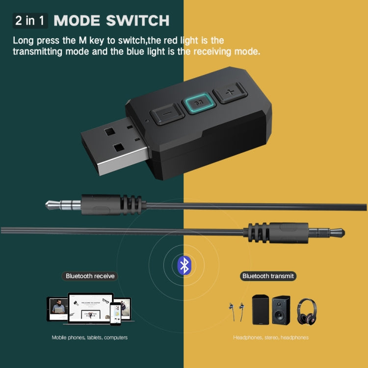 Adaptateur audio Bluetooth USB RT02 Transmet et reçoit 2-en-1 Bluetooth 5.0 Kit mains libres Récepteur Bluetooth de voiture