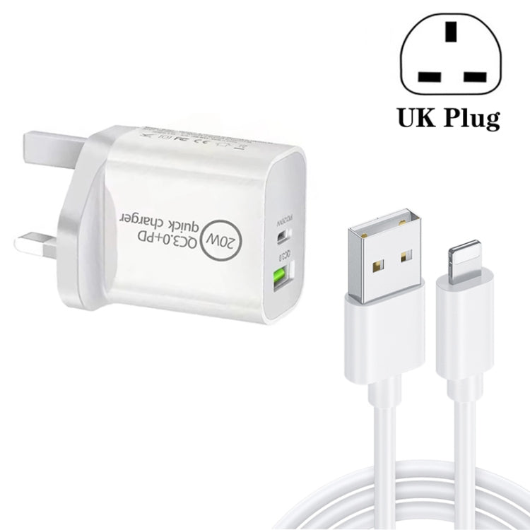SDC-20WA+C Chargeur de voyage universel double USB à charge rapide PD 3.0 + QC 3.0 de 20 W avec câble de données de charge rapide Micro USB vers 8 broches, prise britannique, USB vers 8 broches (prise britannique)