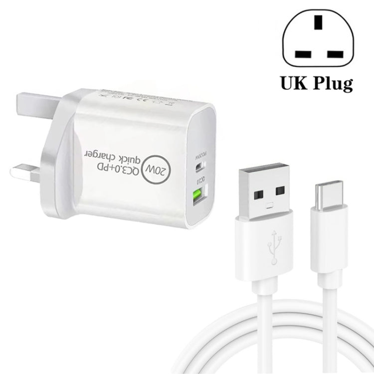 SDC-20WA+C Chargeur de voyage universel double USB à charge rapide 20W PD 3.0 + QC 3.0 avec câble de données de charge rapide USB vers Type-C / USB-C, prise UK, USB vers Type-C / USB-C (prise UK)