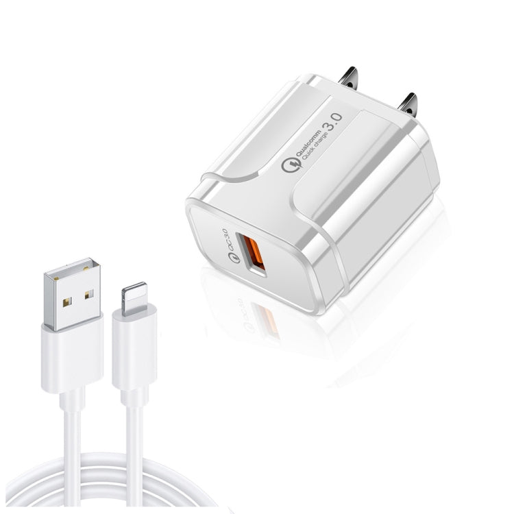 Chargeur de voyage portable LZ-023 18W QC 3.0 USB + câble de données USB vers 8 broches 3A, prise US, câble de données USB vers 8 broches, prise US, câble de données 8 broches, prise US