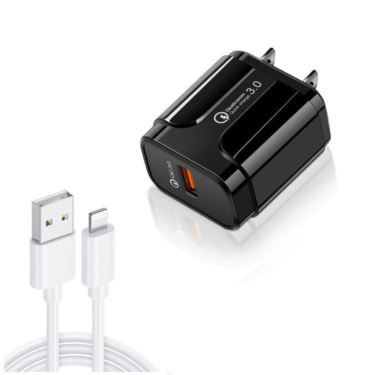 Chargeur de voyage portable LZ-023 18W QC 3.0 USB + câble de données USB vers 8 broches 3A, prise US, câble de données USB vers 8 broches, prise US, câble de données 8 broches, prise US