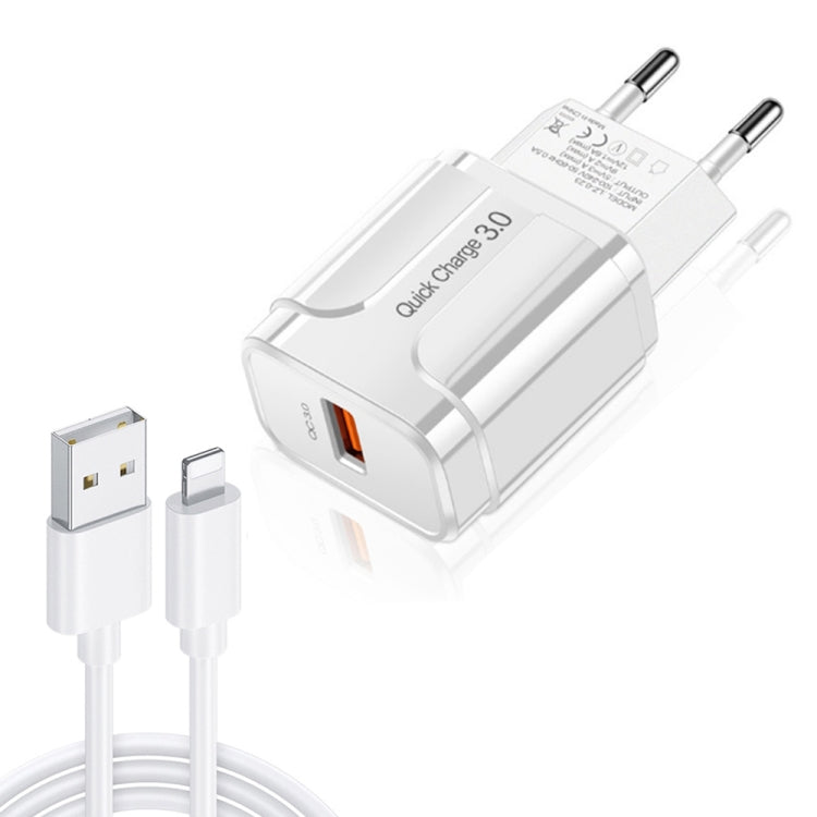 Chargeur de voyage portable LZ-023 18W QC 3.0 USB + câble de données USB vers 8 broches 3A, prise EU, câble de données 8 broches, prise EU
