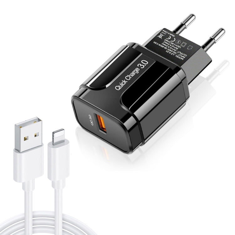 Chargeur de voyage portable LZ-023 18W QC 3.0 USB + câble de données USB vers 8 broches 3A, prise EU, câble de données 8 broches, prise EU