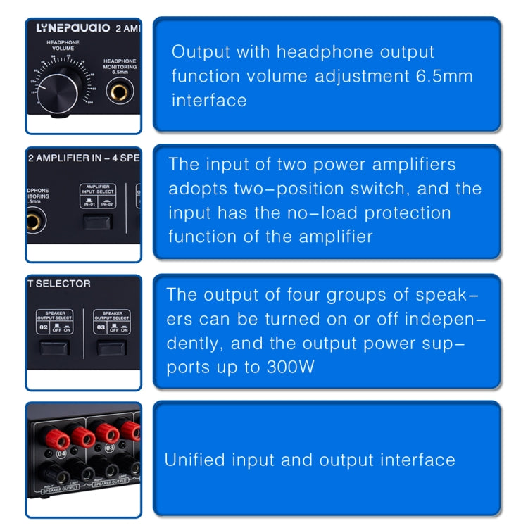 B032 Amplificateur de puissance 2 entrées 4 sorties Commutateur sonore Haut-parleur Qualité sonore sans perte 300W par canal Distributeur commutateur avec fonction de surveillance casque / Entrée audio, B032