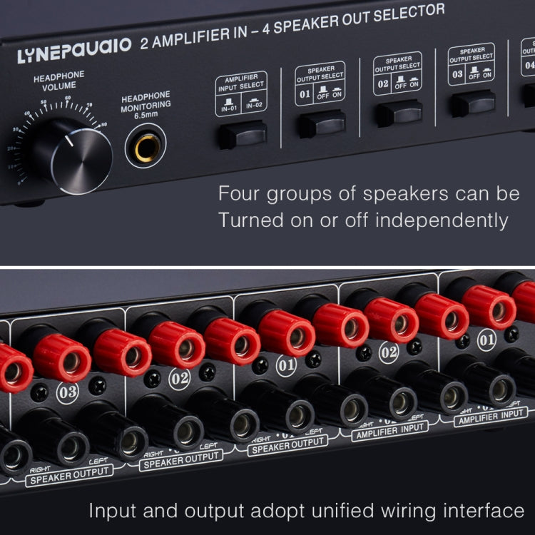 B032 Amplificateur de puissance 2 entrées 4 sorties Commutateur sonore Haut-parleur Qualité sonore sans perte 300W par canal Distributeur commutateur avec fonction de surveillance casque / Entrée audio, B032