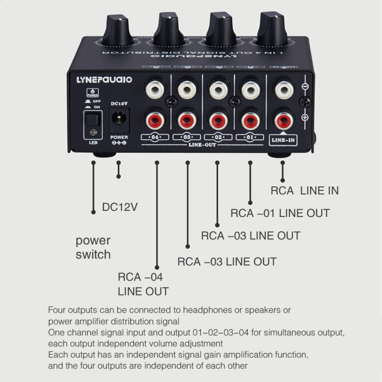 Amplificateur de signal stéréo avant 1 entrée 4 sorties, réglage indépendant du volume de sortie, interface RCA sans perte, répartiteur, prise US, B029