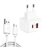Chargeur de voyage double charge rapide YSY-6087PD 20W PD3.0 + QC3.0 avec câble de données USB vers Micro USB, prise EU, prise US, prise UK