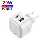 Chargeur de voyage double charge rapide YSY-6087PD 20W PD3.0 + QC3.0 avec câble de données USB vers Micro USB, prise EU, prise US, prise UK