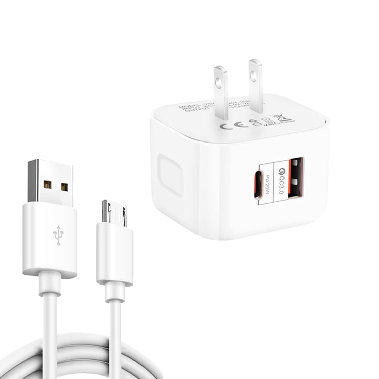 Chargeur de voyage double charge rapide YSY-6087PD 20W PD3.0 + QC3.0 avec câble de données USB vers Micro USB, prise EU, prise US, prise UK