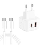 Chargeur de voyage double charge rapide 20W PD3.0 + QC3.0 avec câble de données Type-C vers Type-C, prise EU, prise US, prise UK