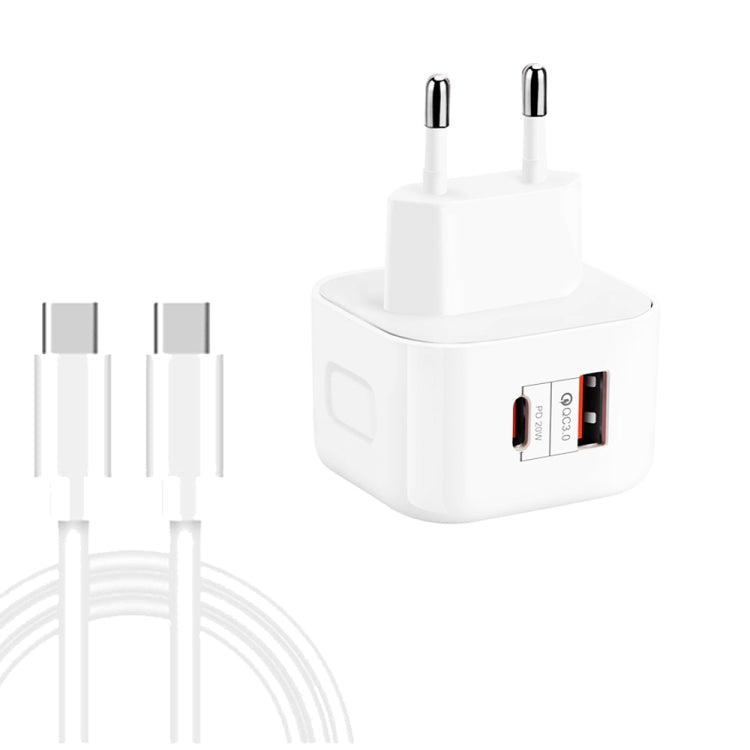 Chargeur de voyage double charge rapide 20W PD3.0 + QC3.0 avec câble de données Type-C vers Type-C, prise EU, prise US, prise UK