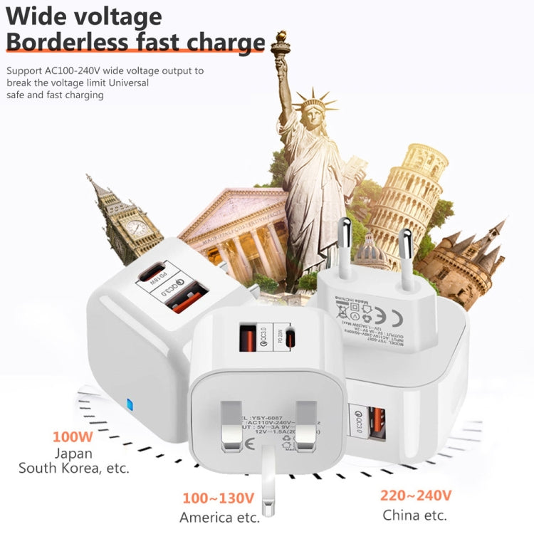 Chargeur de voyage double charge rapide 20W PD3.0 + QC3.0 avec câble de données Type-C vers Type-C, prise EU, prise US, prise UK