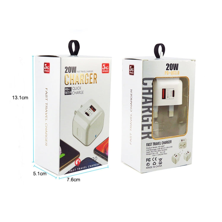 Chargeur de voyage double charge rapide 20W PD3.0 + QC3.0 avec câble de données Type-C vers Type-C, prise EU, prise US, prise UK