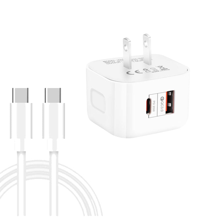 Chargeur de voyage double charge rapide 20W PD3.0 + QC3.0 avec câble de données Type-C vers Type-C, prise EU, prise US, prise UK