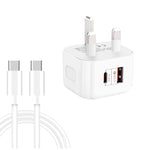 Chargeur de voyage double charge rapide 20W PD3.0 + QC3.0 avec câble de données Type-C vers Type-C, prise EU, prise US, prise UK