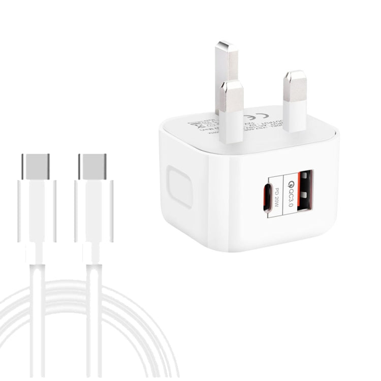 Chargeur de voyage double charge rapide 20W PD3.0 + QC3.0 avec câble de données Type-C vers Type-C, prise EU, prise US, prise UK