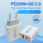 Chargeur de voyage à charge rapide 20W PD Type-C + QC 3.0 USB avec câble de données USB vers Type-C à charge rapide, prise EU, prise US, prise AU