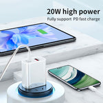 Chargeur de voyage à charge rapide 20W PD Type-C + QC 3.0 USB avec câble de données USB vers Type-C à charge rapide, prise EU, prise US, prise AU