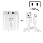 Chargeur de voyage à charge rapide 20W PD Type-C + QC 3.0 USB avec câble de données USB vers Type-C à charge rapide, prise EU, prise US, prise AU