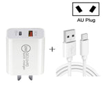 Chargeur de voyage à charge rapide 20W PD Type-C + QC 3.0 USB avec câble de données USB vers Type-C à charge rapide, prise EU, prise US, prise AU