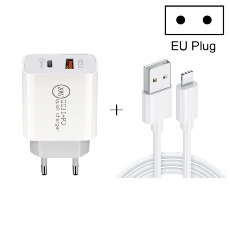 Chargeur de voyage rapide 20W PD Type-C + QC 3.0 avec interface USB et câble de données USB vers 8 broches, prise EU, prise US, prise AU