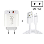 Chargeur de voyage rapide 20W PD Type-C + QC 3.0 avec interface USB et câble de données USB vers 8 broches, prise EU, prise US, prise AU