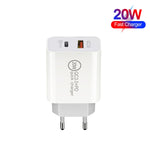 Chargeur de voyage rapide 20W PD Type-C + QC 3.0 avec interface USB et câble de données USB vers 8 broches, prise EU, prise US, prise AU