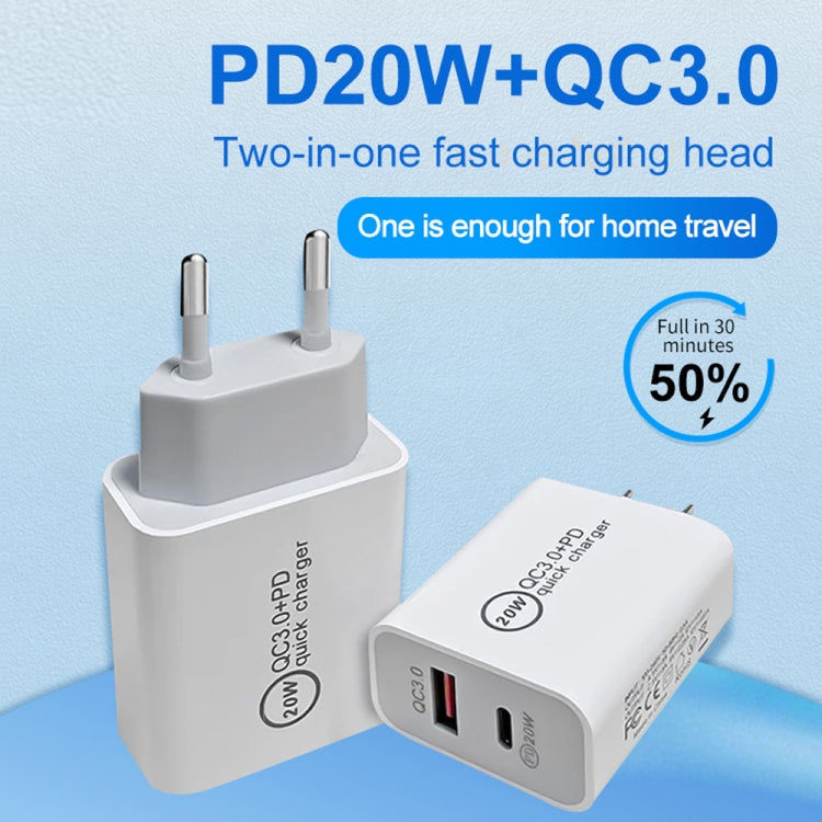 Chargeur de voyage rapide 20W PD Type-C + QC 3.0 avec interface USB et câble de données USB vers 8 broches, prise EU, prise US, prise AU