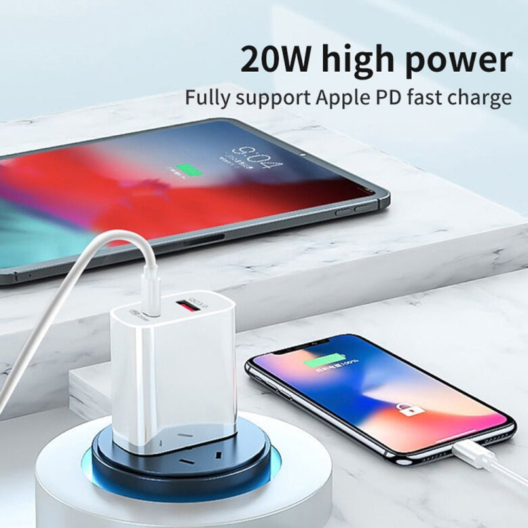 Chargeur de voyage rapide 20W PD Type-C + QC 3.0 avec interface USB et câble de données USB vers 8 broches, prise EU, prise US, prise AU