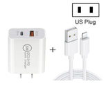 Chargeur de voyage rapide 20W PD Type-C + QC 3.0 avec interface USB et câble de données USB vers 8 broches, prise EU, prise US, prise AU