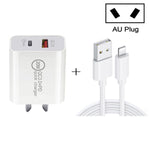 Chargeur de voyage rapide 20W PD Type-C + QC 3.0 avec interface USB et câble de données USB vers 8 broches, prise EU, prise US, prise AU