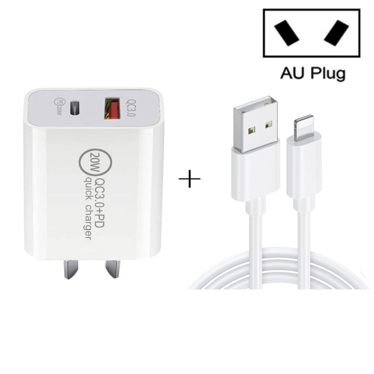 Chargeur de voyage rapide 20W PD Type-C + QC 3.0 avec interface USB et câble de données USB vers 8 broches, prise EU, prise US, prise AU