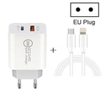 Chargeur de voyage rapide 20W PD Type-C + QC 3.0 avec interface USB et câble de données USB-C / Type-C vers 8 broches, prise EU, prise US, prise AU