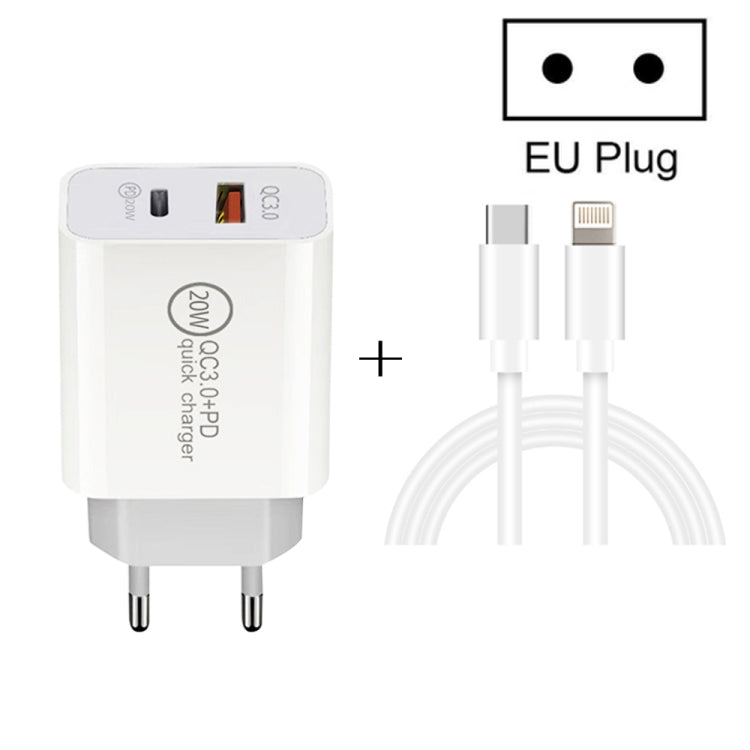 Chargeur de voyage rapide 20W PD Type-C + QC 3.0 avec interface USB et câble de données USB-C / Type-C vers 8 broches, prise EU, prise US, prise AU