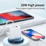 Chargeur de voyage rapide 20W PD Type-C + QC 3.0 avec interface USB et câble de données USB-C / Type-C vers 8 broches, prise EU, prise US, prise AU