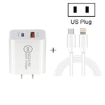 Chargeur de voyage rapide 20W PD Type-C + QC 3.0 avec interface USB et câble de données USB-C / Type-C vers 8 broches, prise EU, prise US, prise AU