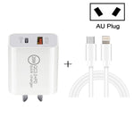 Chargeur de voyage rapide 20W PD Type-C + QC 3.0 avec interface USB et câble de données USB-C / Type-C vers 8 broches, prise EU, prise US, prise AU