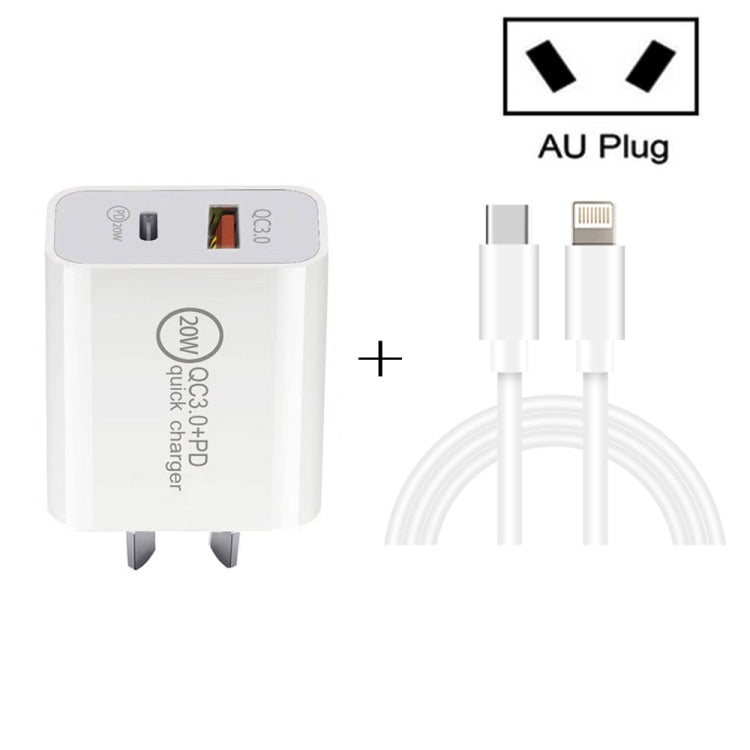 Chargeur de voyage rapide 20W PD Type-C + QC 3.0 avec interface USB et câble de données USB-C / Type-C vers 8 broches, prise EU, prise US, prise AU