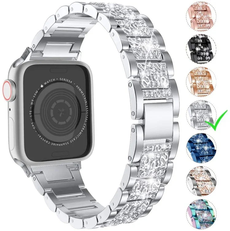 Three Stainless Steel Straps with Rhinestones, For Series 7 41mm / 6 & SE & 5 & 4 40mm / 3 & 2 & 1 38mm, For Series 7 45mm / 6 & SE & 5 & 4 44mm / 3 & 2 & 1 42mm