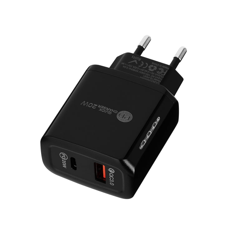 TE-PD01 Chargeur rapide à double port USB PD 20W + QC3.0 avec voyant indicateur, prise EU, prise EU