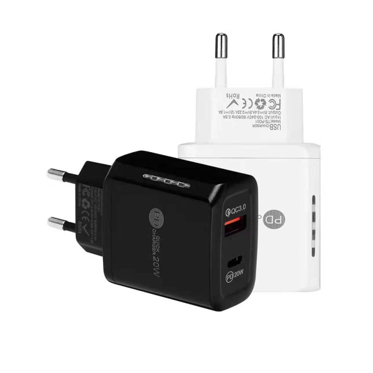 TE-PD01 PD 20W + QC3.0 USB Dual Ports Quick Charger with Indicator Light, EU Plug, EU Plug