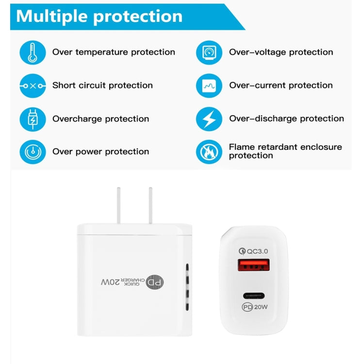 TE-PD01 Chargeur rapide à double port USB PD 20W + QC3.0 avec voyant indicateur, prise US, prise US