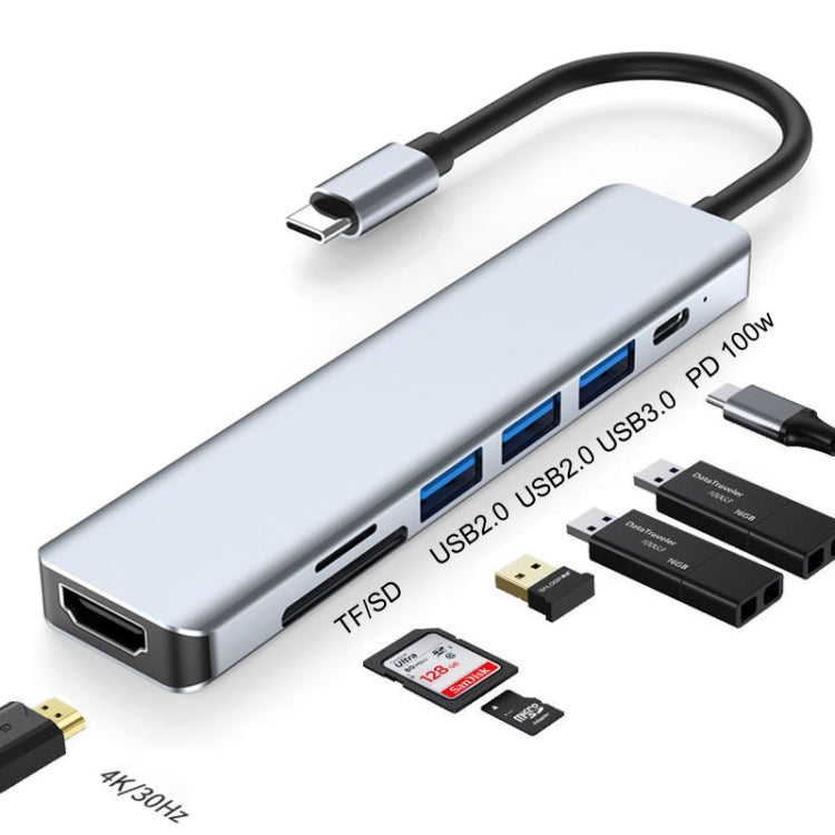 Station d'accueil HUB 7 en 1 HDMI+SD/TF+USB2.0x2+USB3.0+PD vers Type-C, station 7 en 1