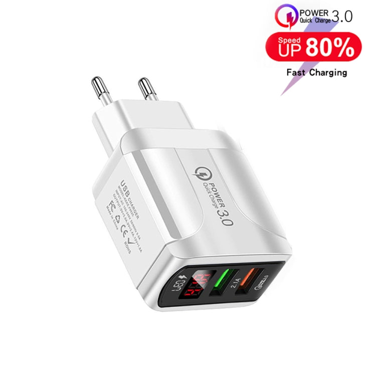 Chargeur rapide QC3.0 USB + USB 2.0 avec affichage numérique LED et câble de données USB vers Type-C, prise EU, prise EU + câble Type-C