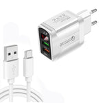 Chargeur rapide QC3.0 USB + USB 2.0 avec affichage numérique LED et câble de données USB vers Type-C, prise EU, prise EU + câble Type-C
