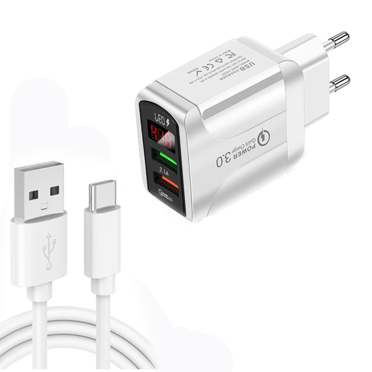 Chargeur rapide QC3.0 USB + USB 2.0 avec affichage numérique LED et câble de données USB vers Type-C, prise EU, prise EU + câble Type-C