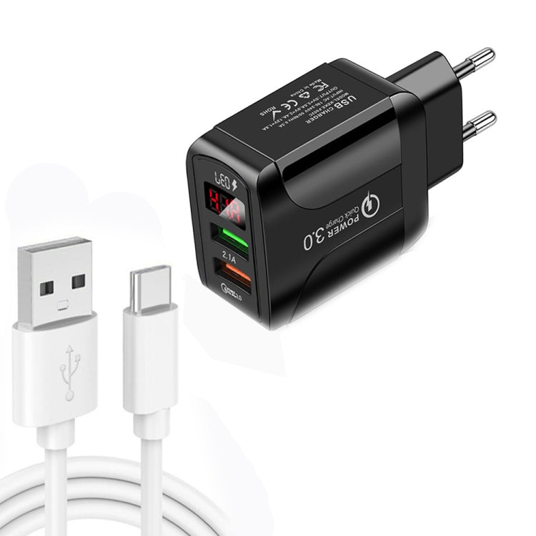 Chargeur rapide QC3.0 USB + USB 2.0 avec affichage numérique LED et câble de données USB vers Type-C, prise EU, prise EU + câble Type-C