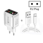 Chargeur rapide QC3.0 USB + USB 2.0 avec affichage numérique LED et câble de données USB vers Type-C, prise EU, prise EU + câble Type-C
